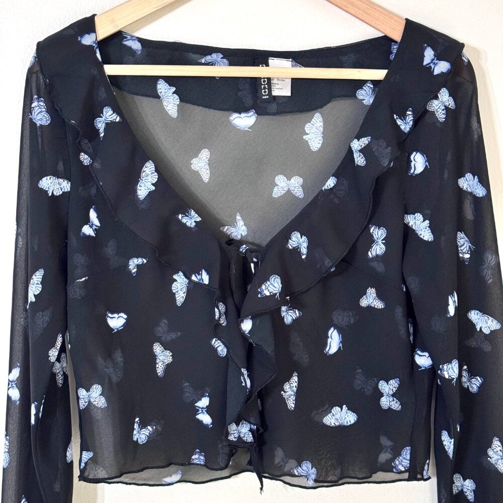 Y2K Butterfly Sheer Chiffon Cropped Top Bell Sleeves Ruffle Collar Cardigan - Picture 2 of 11